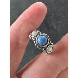 925 Sterling Silver Faux Larimar & Faux MOP Ring, Size US 6 Vintage